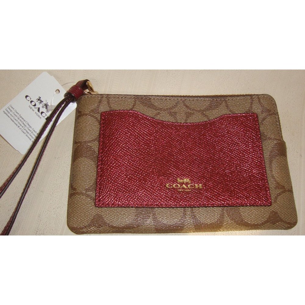 Coach Logo Corner Zip Wristlet With Metallic Color Block Khaki/Cherry  Brand NEW